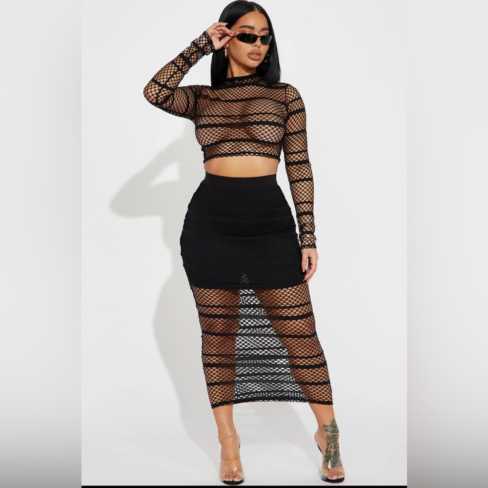 Flashy Girl Fashion Nova Fishnet Skirt Set- Black
